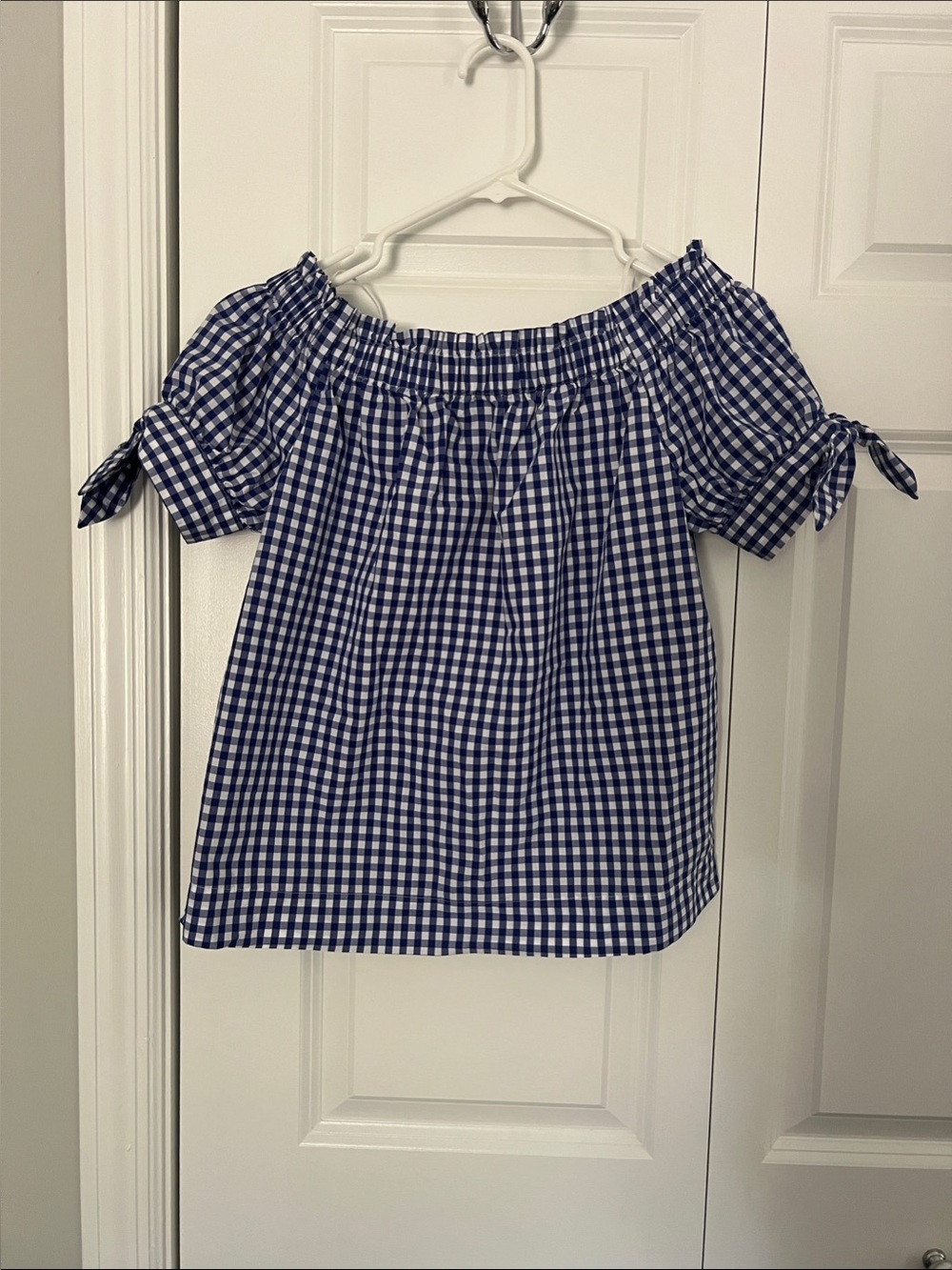J. Crew Blue and White Gingham Off-Shoulder Blouse
